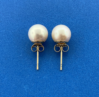 Gorgeous 14k Yellow Gold 8mm White Pearl Friction Back Stud Earrings
