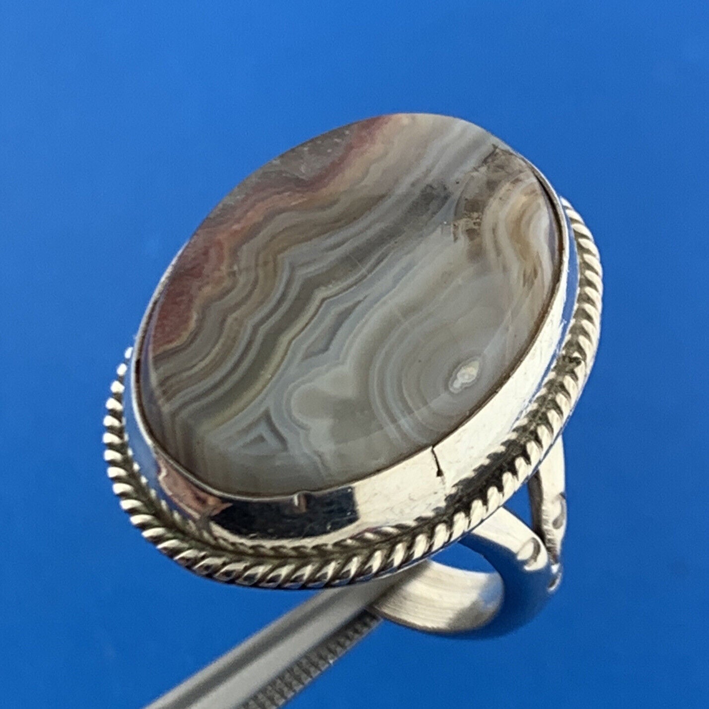 Artisan Sterling Silver 925 Oval Laguna Lace Agate Statement Fashion Ring