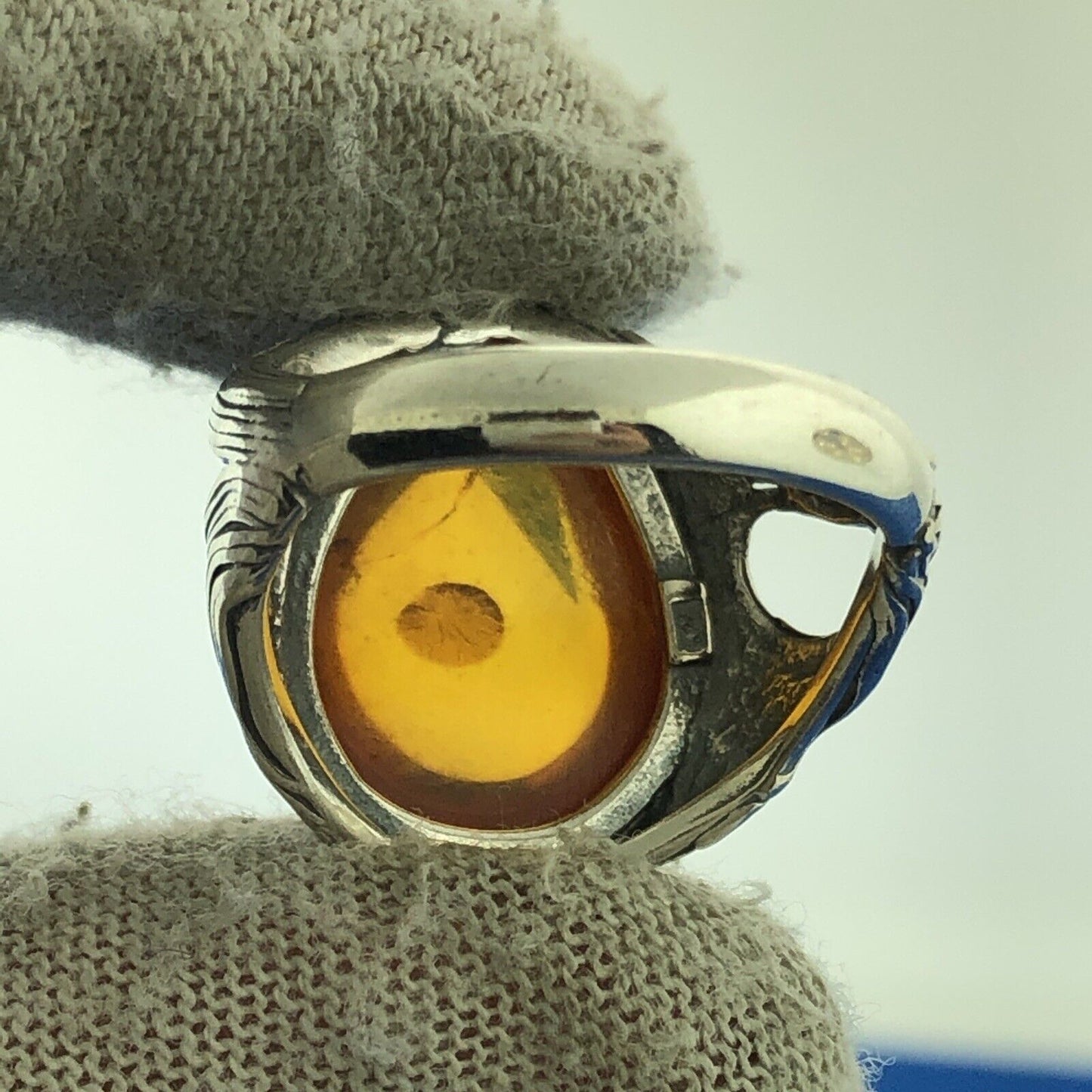 Stunning Sterling Silver 925 Cabochon Teardrop Amber Statement Ring Size 6.25