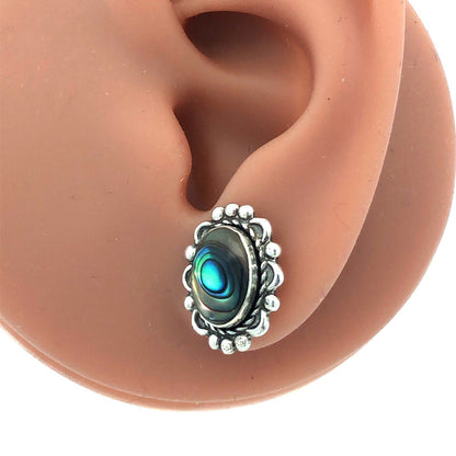 Vintage 925 Sterling Silver Oval Abalone Cabochon Beaded Scroll Stud Earrings
