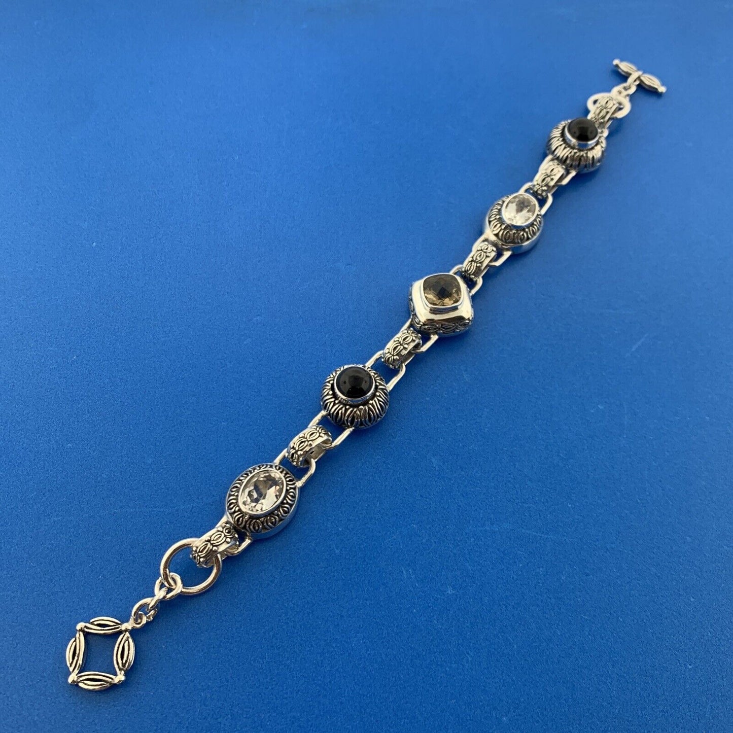 Designer Fusion Sterling Silver 925 Onyx Smoky Quartz Topaz 7" Toggle Bracelet