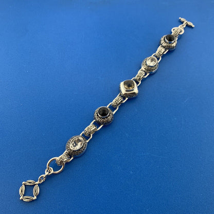 Designer Fusion Sterling Silver 925 Onyx Smoky Quartz Topaz 7" Toggle Bracelet