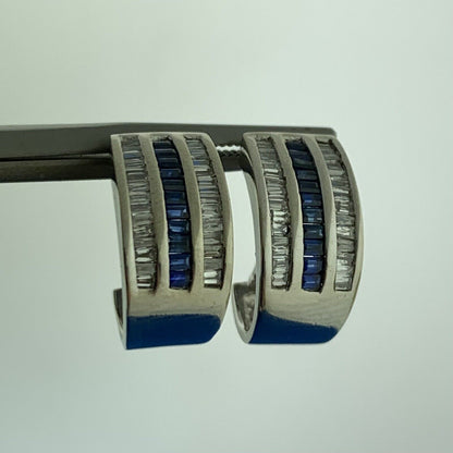 Retro 14K White Gold Channel Set Sapphire Diamond September Anniversary Earrings
