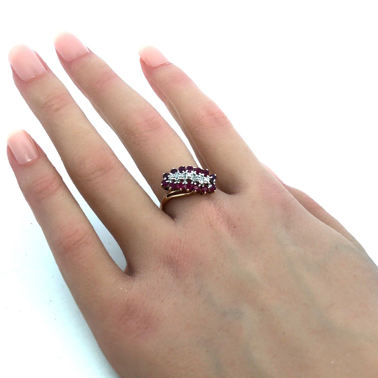 Designer RN 10K Yellow Gold Round Ruby Diamond Oval Waterfall Bypass Ring