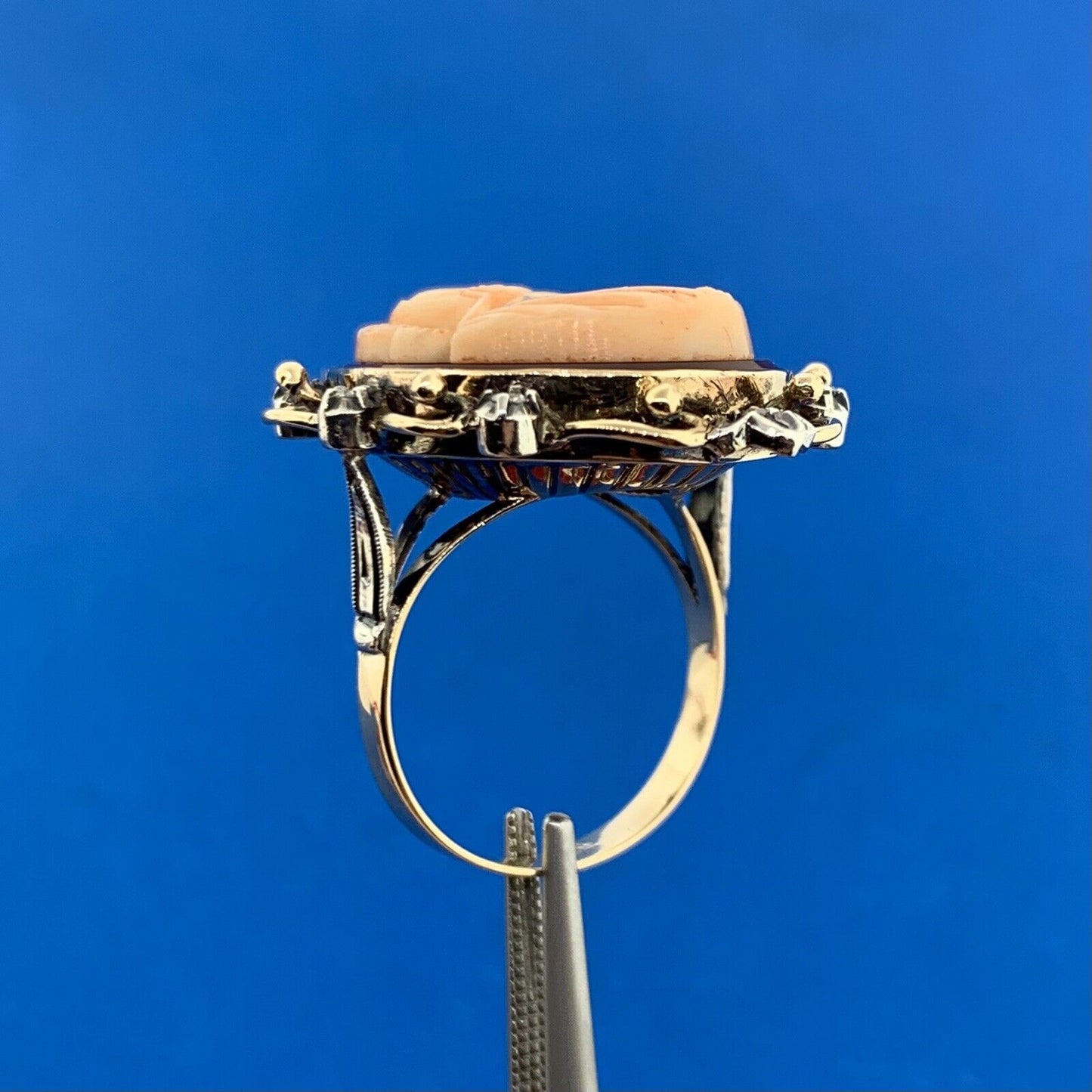 Vintage 14K Yellow Gold Double Carved Soldier Cameo Diamond Accent Etruscan Ring