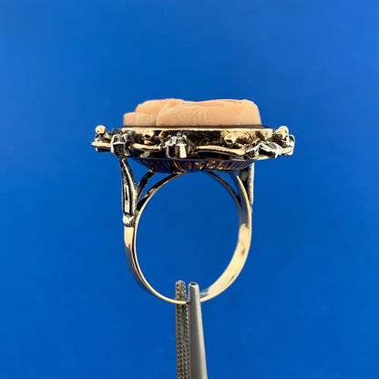 Vintage 14K Yellow Gold Double Carved Soldier Cameo Diamond Accent Etruscan Ring