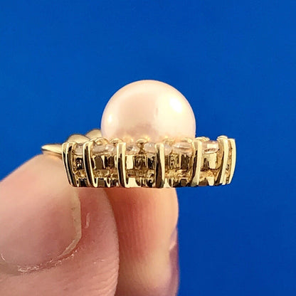 10K Yellow Gold White Topaz Pearl Wedding Bridal June Anniversary Pendant