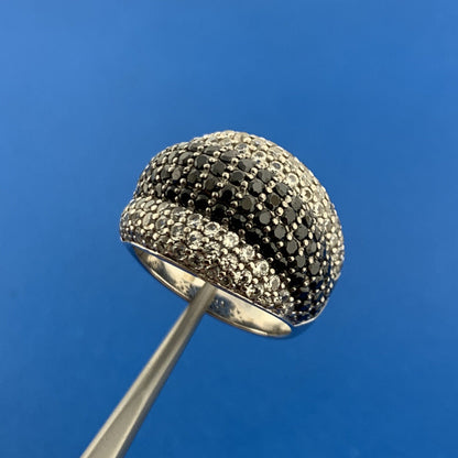 Estate JD 925 Sterling Silver Pave Black White Cubic Zirconia Dramatic Dome Ring