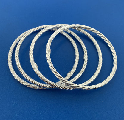 Designer Sterling Silver 925 Twisted Metal Cable 8" 4 Bangle Bracelet Set