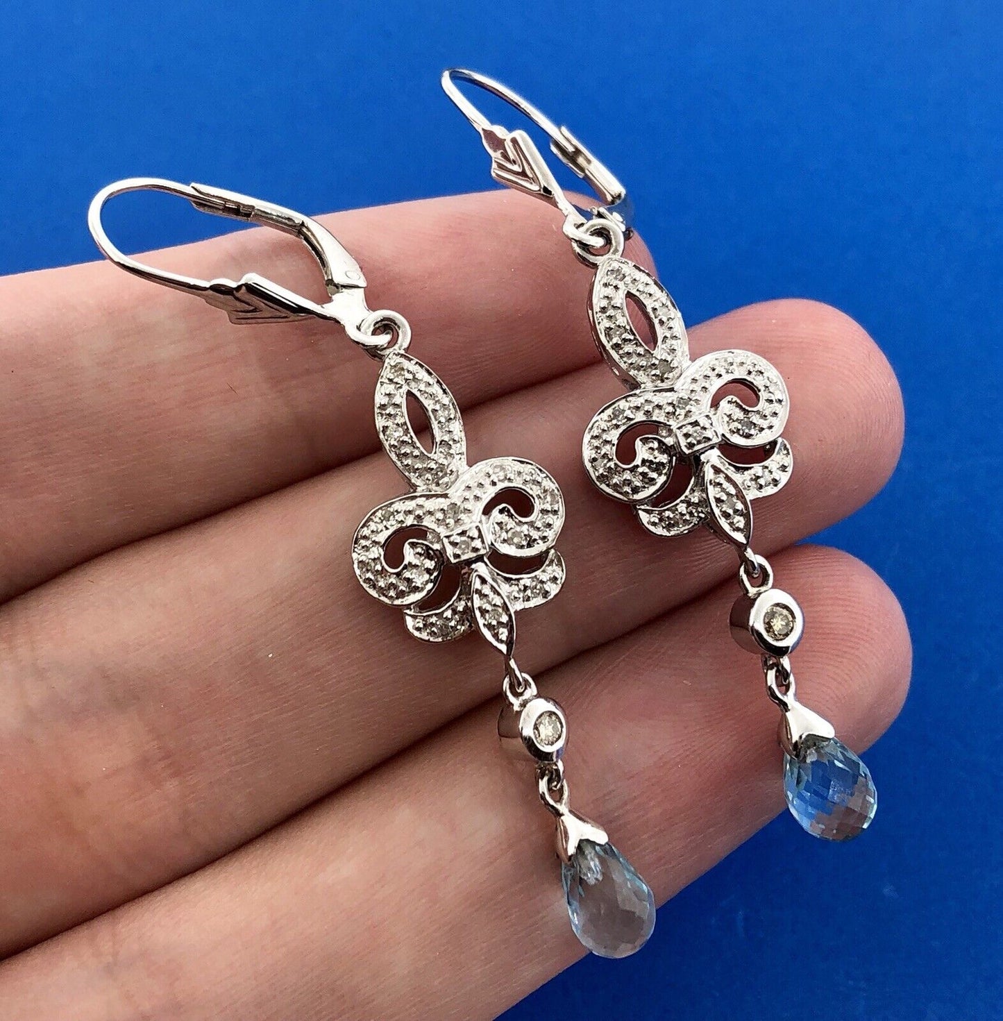 Designer EA Sterling Silver 925 Diamond Blue Topaz Fleur De Lis Drop Earrings