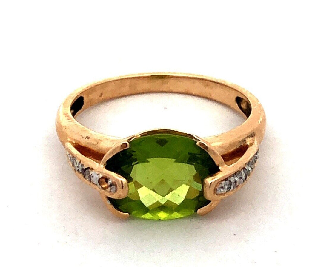 Designer MEDA 14K Yellow Gold Oval Green Peridot Diamond August Birthstone Ring