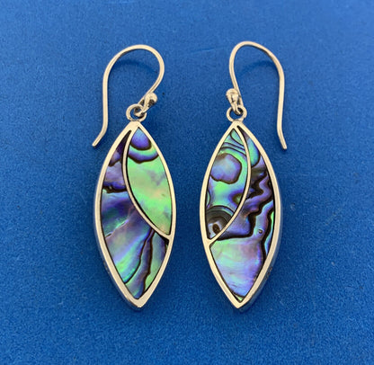 Designer 925 Sterling Silver Abalone Black Onyx Inlay Dangle Drop Hook Earrings