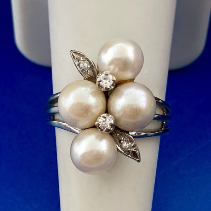 14K White Gold Pearl Diamond Cluster Bridal Anniversary Birthday Cocktail Ring