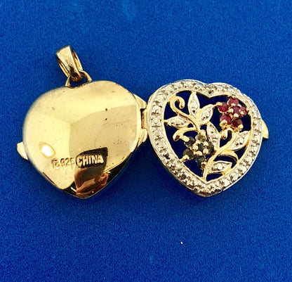 Vintage 925 Sterling Silver Vermeil Two Tone Sapphire Ruby Heart Locket Pendant