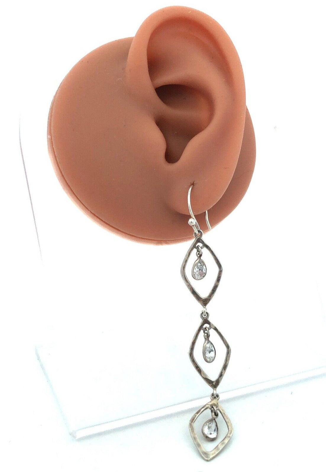 Estate 925 Sterling Silver Pear Cubic Zirconia CZ Oval Modernist Dangle Earrings