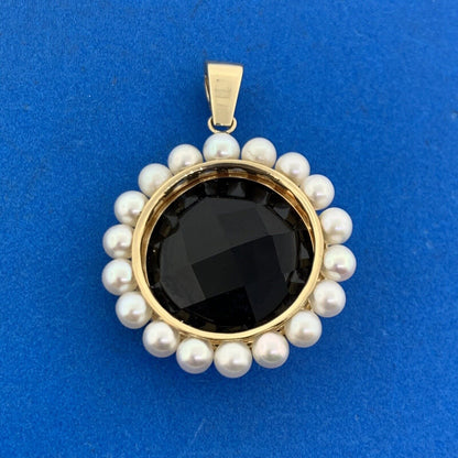 14K Yellow Gold Faceted Black Onyx Pearl Halo Statement Enhancer Pendant