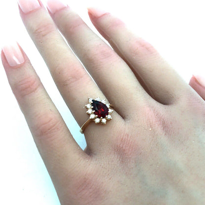 Designer 14K Yellow Gold Pear Red Tourmaline Cubic Zirconia Halo Cocktail Ring