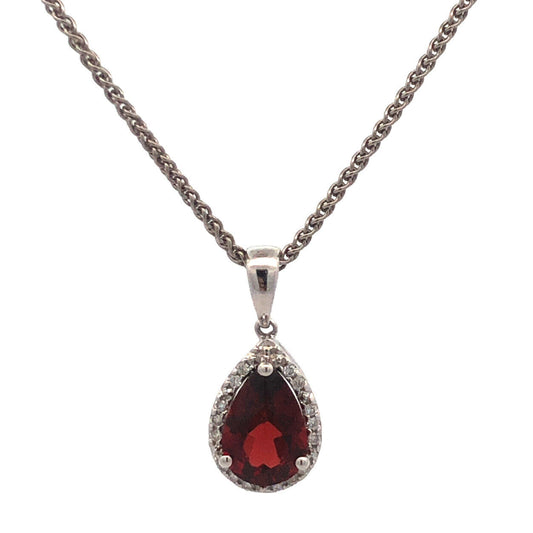 Designer 14K White Gold Pear Garnet Diamond Halo Drop Pendant Necklace