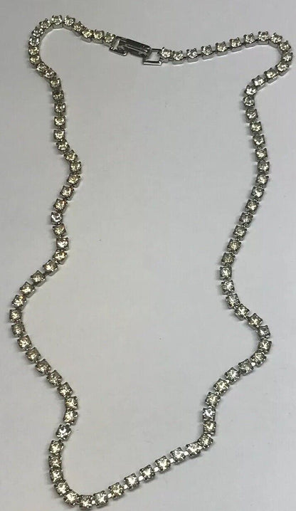 Vintage Art Deco Silver Tone Bezel Set Crystal Rhinestone Necklace