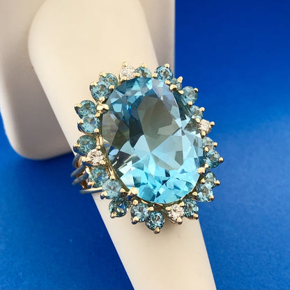 Designer 14k Yellow Gold Large Oval Blue Topaz Aquamarine Diamond Statement Ring