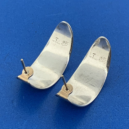 Designer 14K Yellow Gold Sterling Silver Modernist Textured Half Hoop Earrings