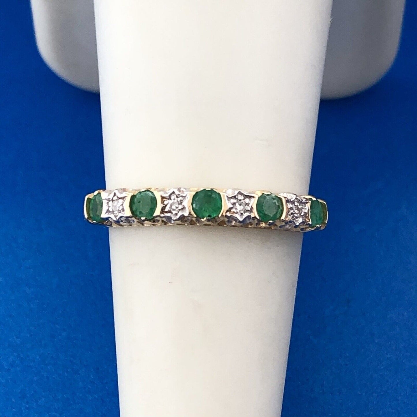 Designer 14K Yellow Gold Emerald Diamond May Anniversary Eternity Band Ring