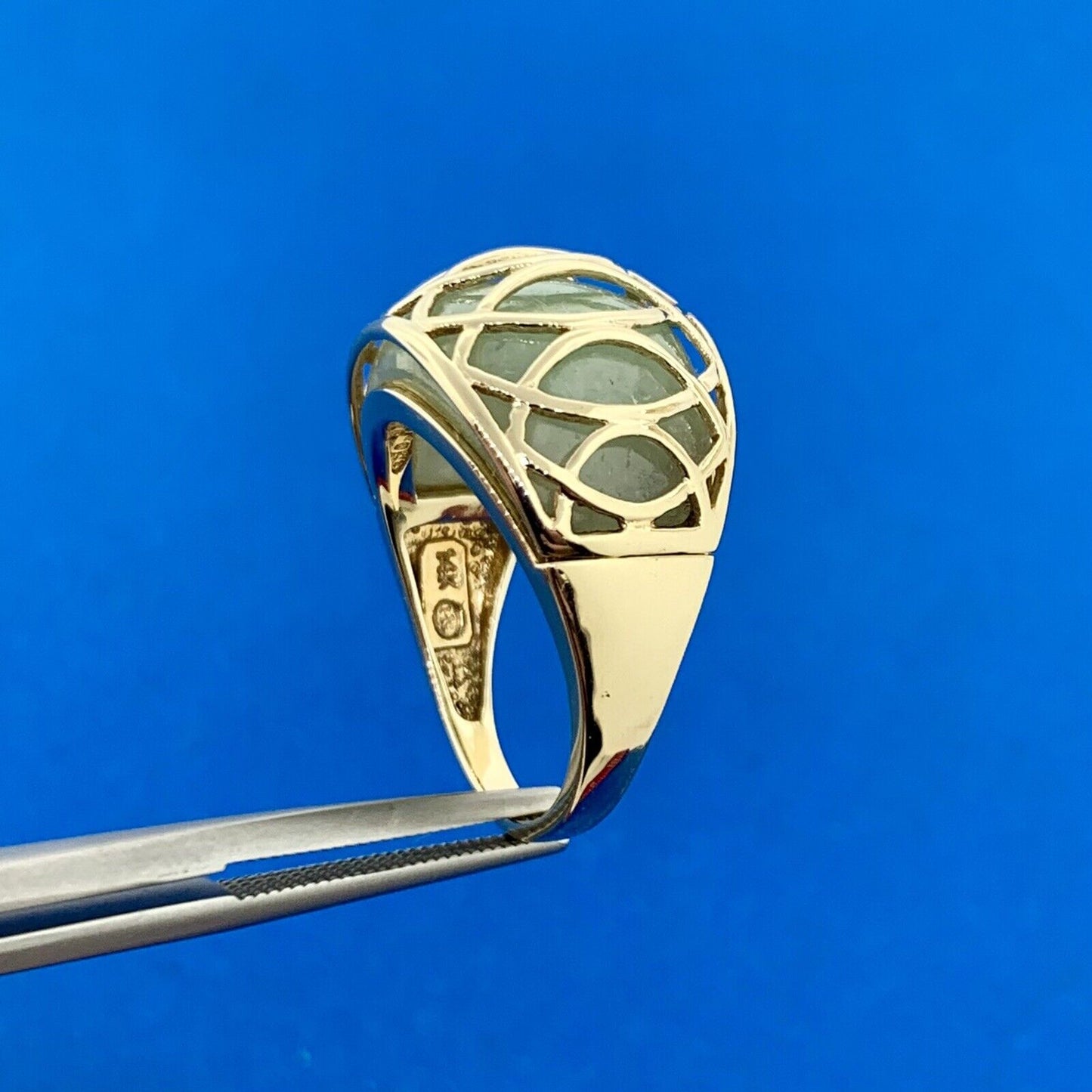 Designer 14K Yellow Gold Curved Jade Cabochon Modernist Dome Ring