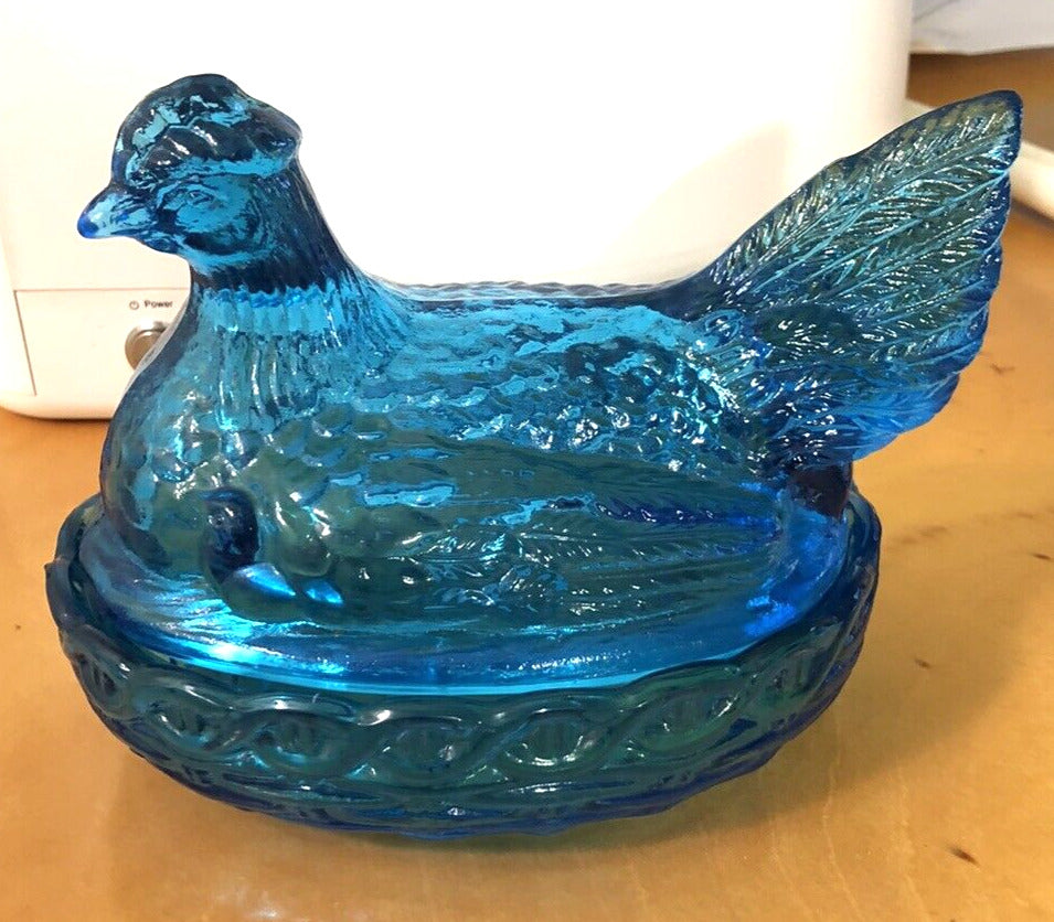 Vintage Blue Aqua Teal Glass Chicken w/Chicks Candy Trinket Dish With Lid