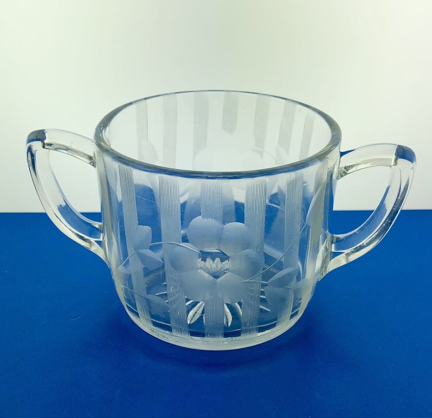EAPG Clear Daisy Flower Etched Vertical Lines Cream Pitcher Sugar 2 pc Set
