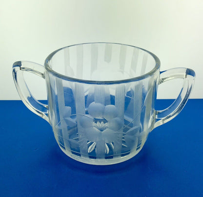 EAPG Clear Daisy Flower Etched Vertical Lines Cream Pitcher Sugar 2 pc Set