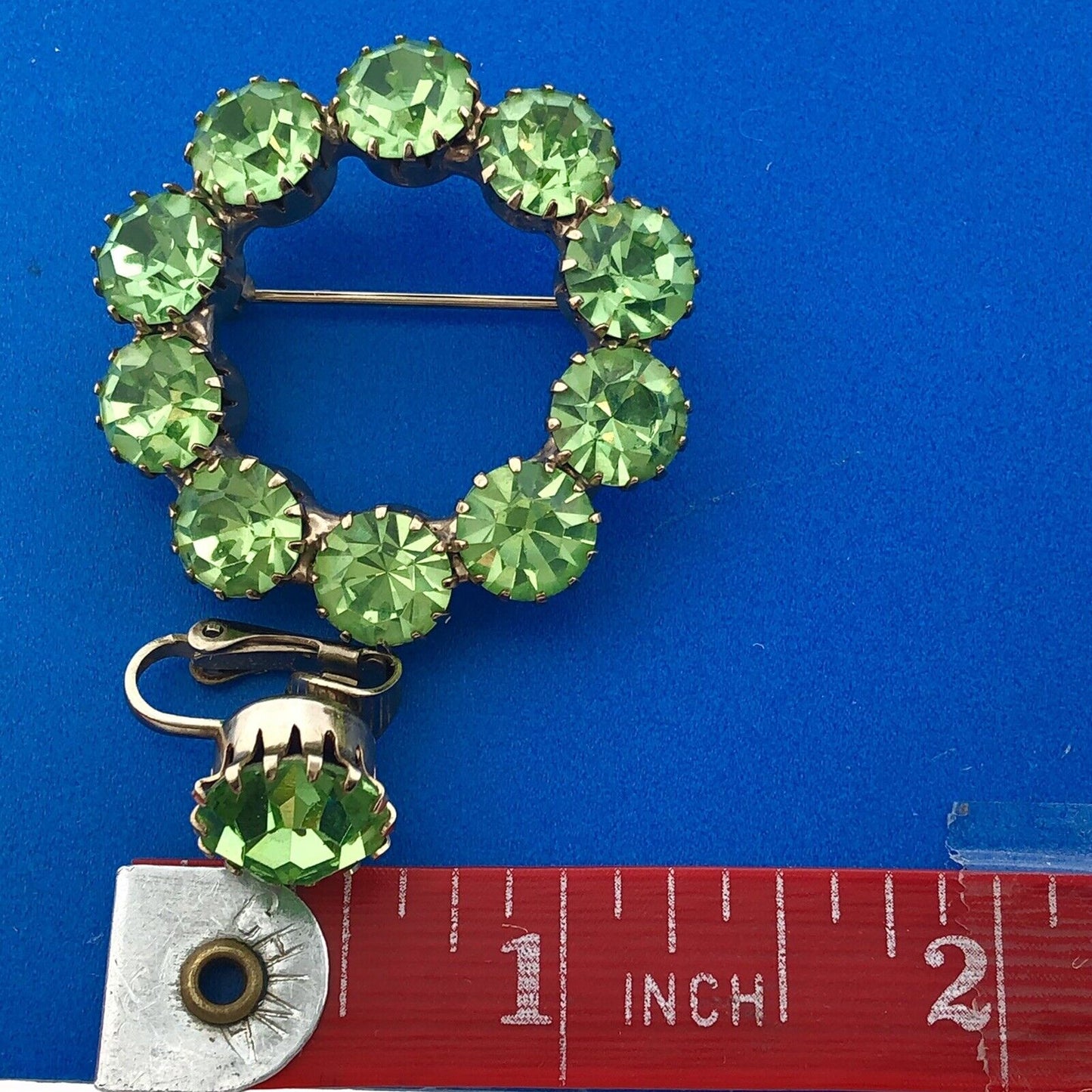Estate Gold Tone Chartreuse Lime Green Rhinestone Pin Brooch Clip Earrings Set