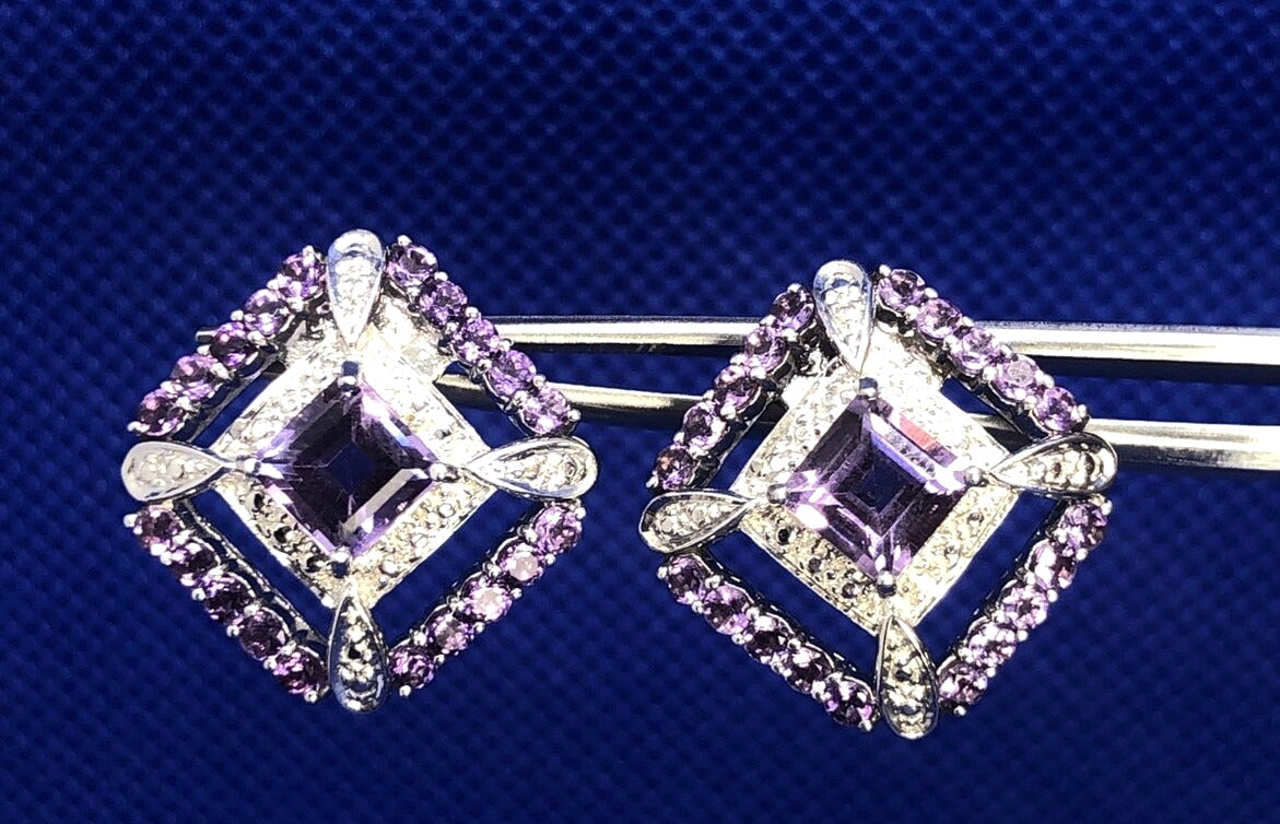 Purple Amethyst 925 Sterling Silver Square Statement Stud Earrings