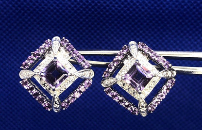 Purple Amethyst 925 Sterling Silver Square Statement Stud Earrings