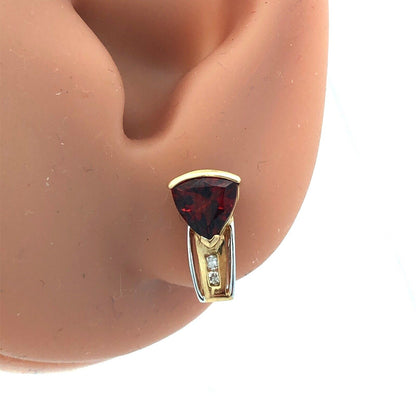Designer 14K Yellow Gold Trillion Garnet Diamond Accented Stud Earrings