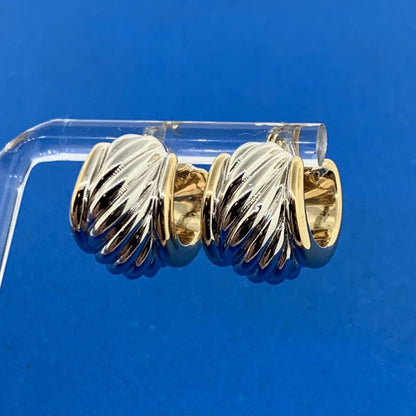 Designer Israel 14K Yellow White Gold Ribbed Two Tone Wide Huggie Hoop Earrings