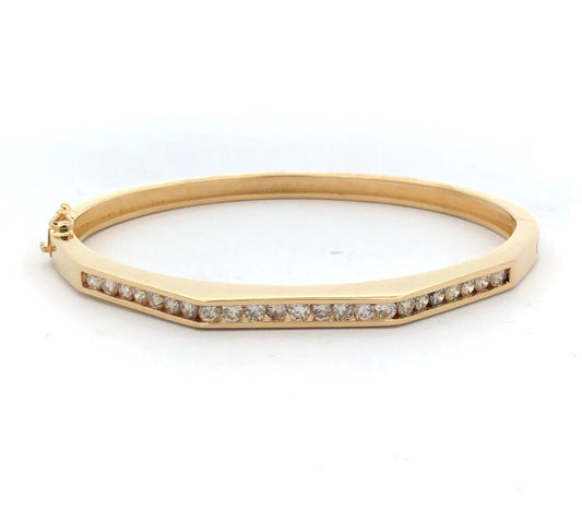 14K Yellow Gold Round Channel Diamond Geometrical Hinged Bangle Bracelet