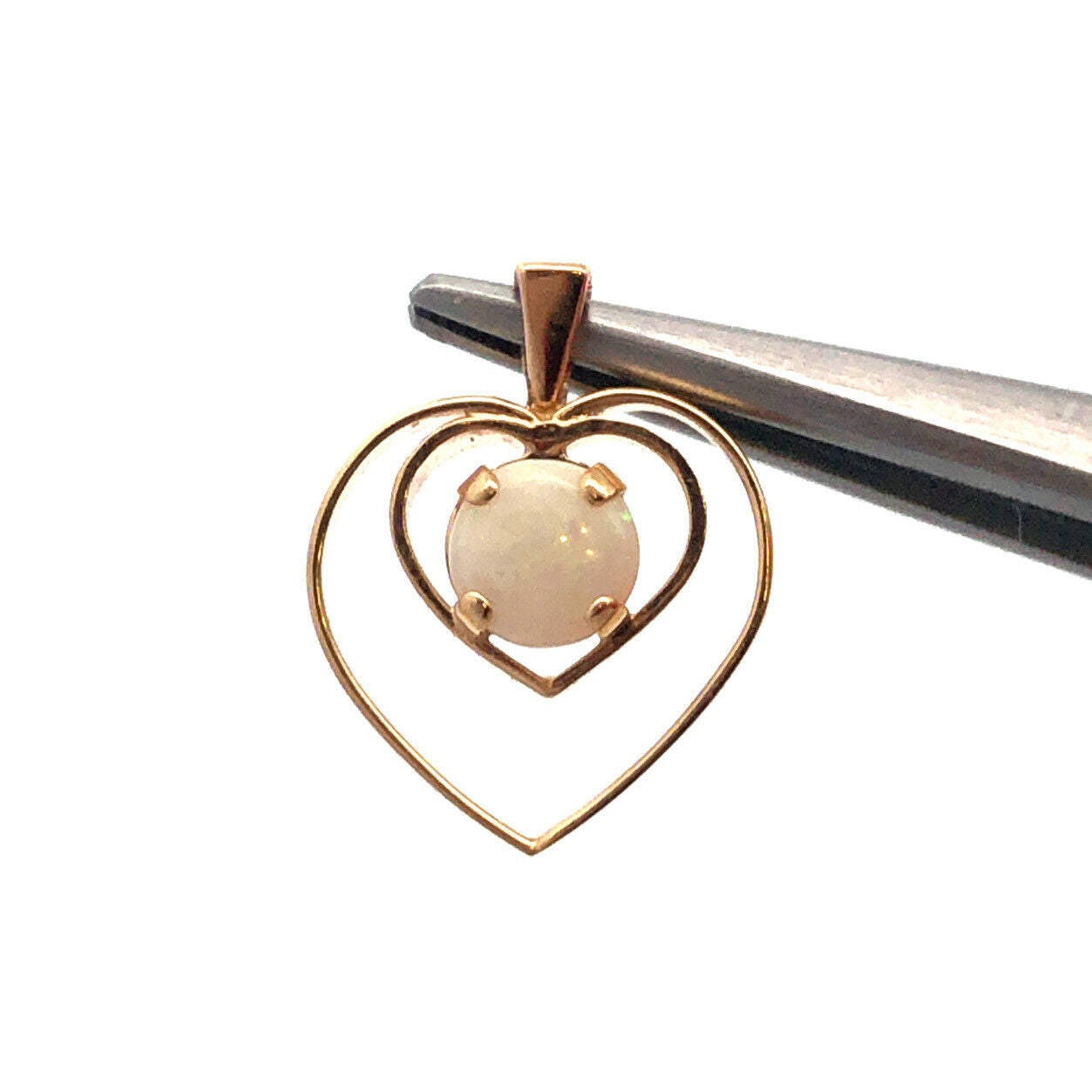 Designer 14K Yellow Gold Round Opal Open Work Double Heart Pendant