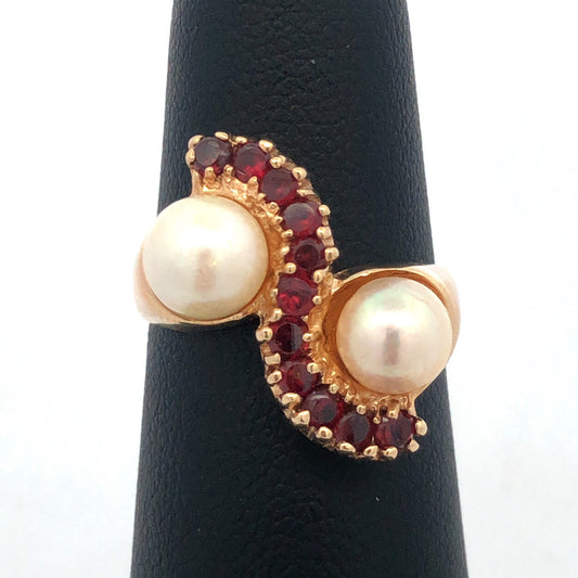 Vintage 14K Yellow Gold Garnet Pearl Free Form Cocktail Anniversary Ring