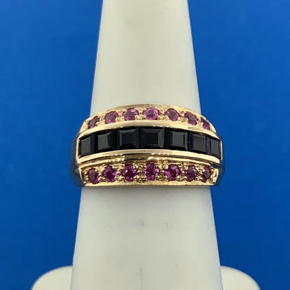 14K Yellow Gold Princess Sapphire Round Ruby Accented Statement Band Ring