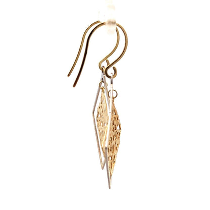Designer 14K Yellow White Gold Open Scroll Square Dangle Hook Earrings