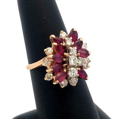 14K Yellow Gold Marquise Ruby Diamond Cluster Waterfall Ring