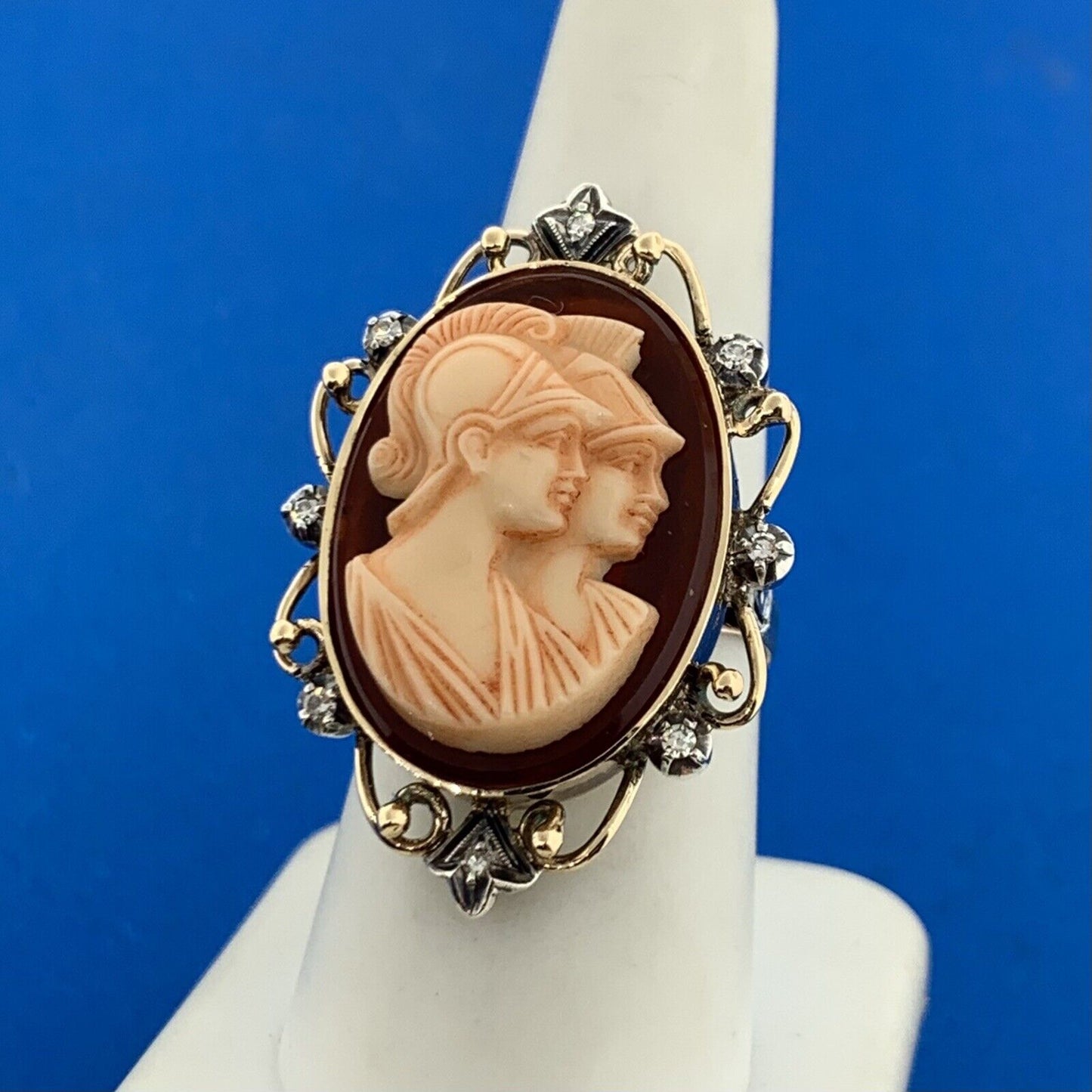 Vintage 14K Yellow Gold Double Carved Soldier Cameo Diamond Accent Etruscan Ring