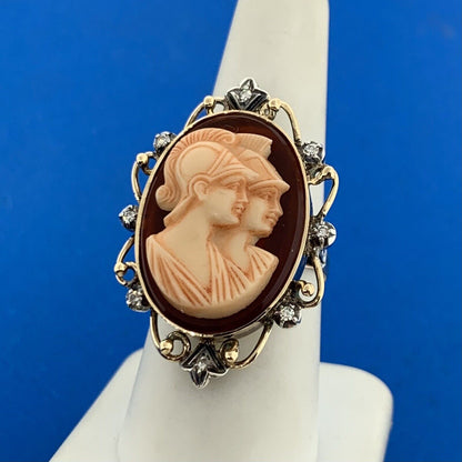Vintage 14K Yellow Gold Double Carved Soldier Cameo Diamond Accent Etruscan Ring