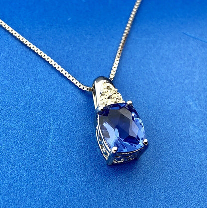925 Sterling Silver Blue Cubic Zirconium with Diamond Accent Pendant Necklace
