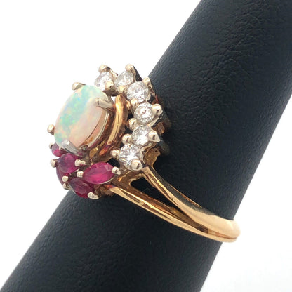 Vintage Gemco 18K Yellow Gold Opal Ruby Diamond Free Form Cocktail Ring