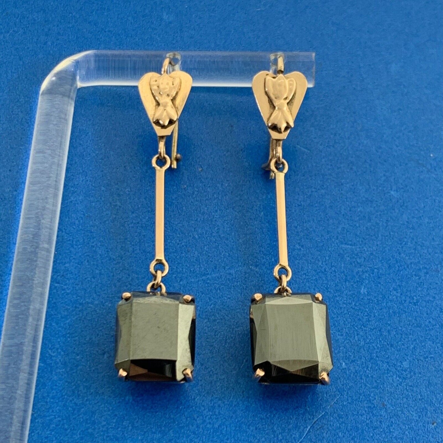 Art Deco 10K Rose Gold Emerald Cut Hematite Statement Dangle Drop Earrings