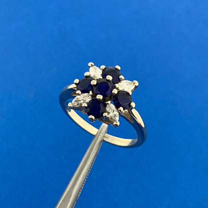 Designer 14K White Gold Sapphire Diamond Floral Cluster Cocktail Ring