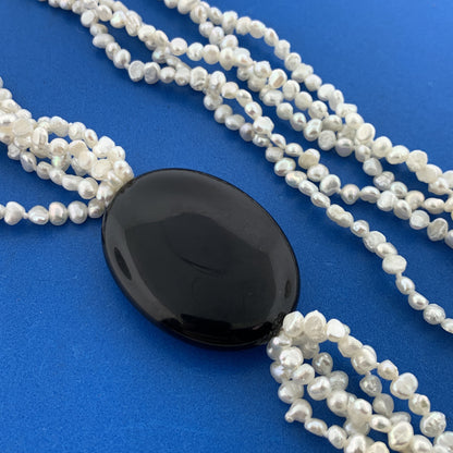 Vintage Silver Tone Handknotted White Pearl Black Onyx Statement Choker Necklace