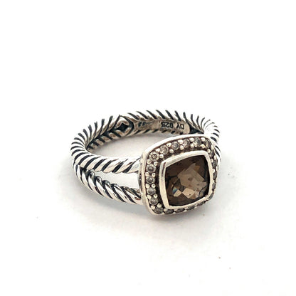 David Yurman 925 Sterling Silver Smoky Quartz Diamond Halo Petite Albion Ring