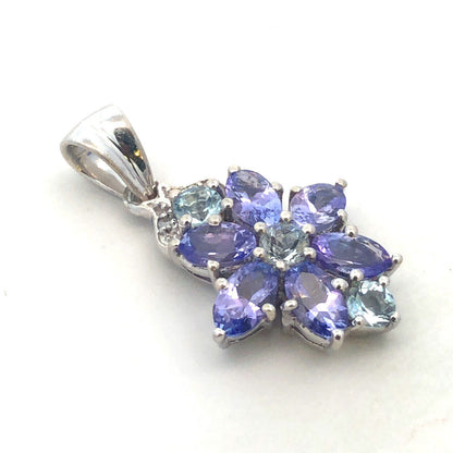 TGGC 925 Sterling Silver Oval Tanzanite Blue Tourmaline Diamond Flower Pendant